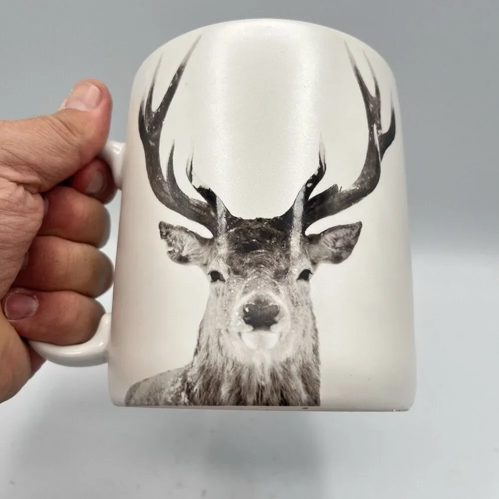 Pier 1 Snow Forest Winter Buck Deer Porcelain Coffee Mug Dishwash Microwave 5”